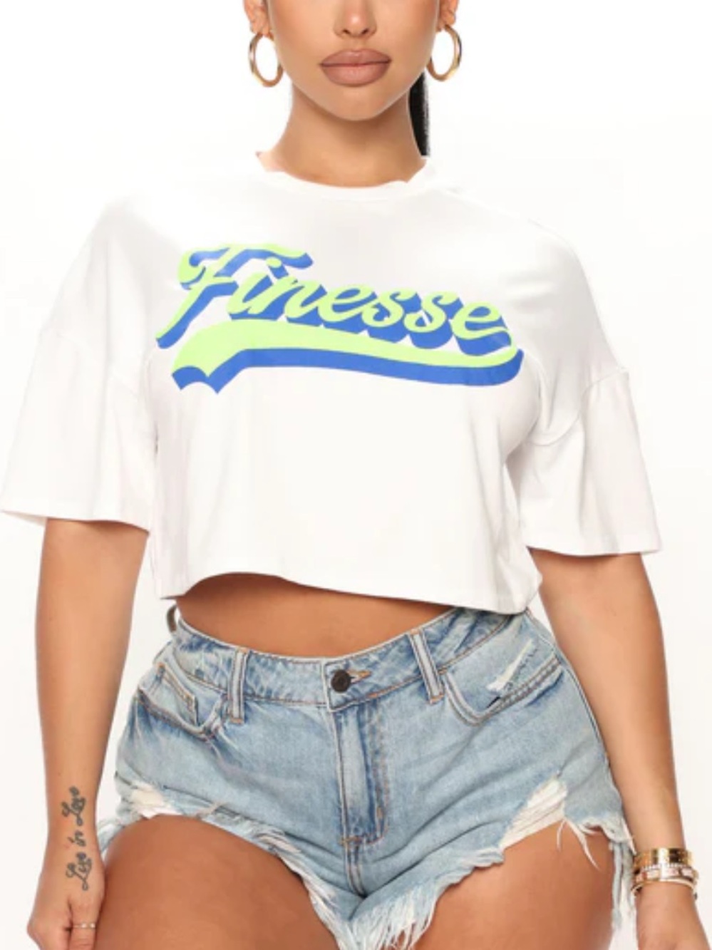 Fashion Nova White Cropped Tee with Neon Lime & Blue Finesse Logo
